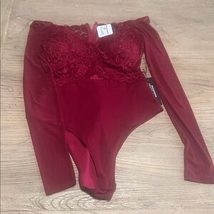 Haute Monde. Burgundy Lace Off-Shoulder Bodysuit